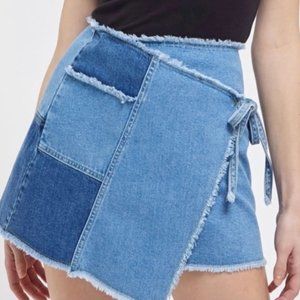 BDG patch denim mini wrap jean skirt raw hem med